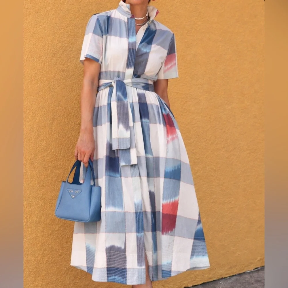 Plaid Blue and Red Midi Dress - Picture 1 of 6